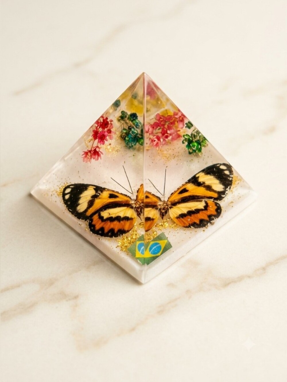 Vintage Handcrafted Resin Butterfly Pyramid - Yellow Paper Weight